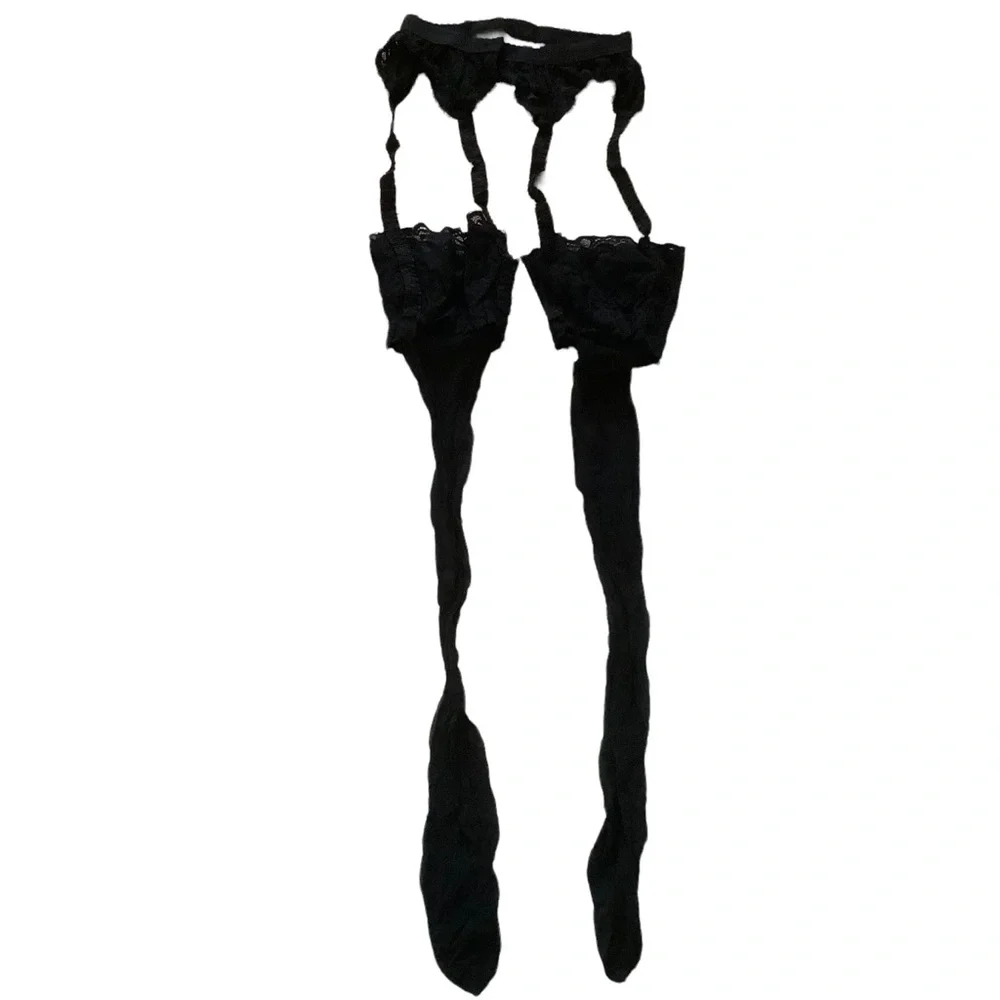 Vintage Victoria’s Secret lace garter belt with thigh high stockings black